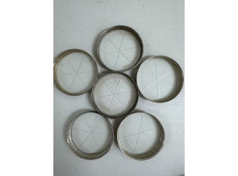 6 Sterling Silver Coasters With Glass Base, Marked Sterling Silver On The Bottom