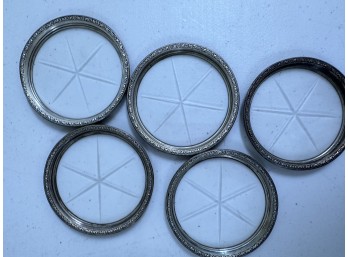 5 Sterling Silver Coasters With Glass Base And Etched Glass, Marked Sterling Silver On The Bottom