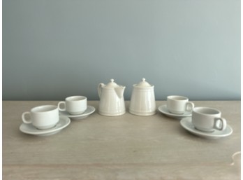 The Cellar White Ceramic Lidded Creamer And Sugar Bowls, And 4 Espresso Teacups / Saucers