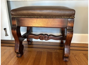Carved Wood Leather-Topped Footstool With Stud Detail (Some Wear)