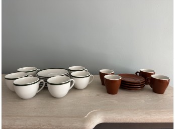 Williams Sonoma 'Brasserie' With Green Border Teacups / Saucers, And Terracotta Brown Colored Teacups / Saucers