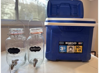 Blue Igloo Cooler And Pair Of Glass Beverage Dispensers
