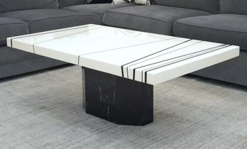 Modern White Lacquer And Black Marble Coffee Table With Geometric Inlay