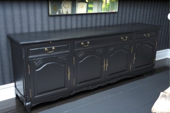 French Provincial Oversized Black Sideboard Buffet With Brass Hardware