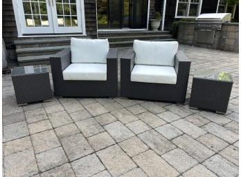 Pair Of Brown Wicker Outdoor Armchairs With Side Tables