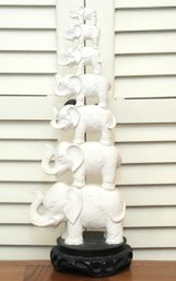 Carved White Elephant Tiered Sculpture On Stand