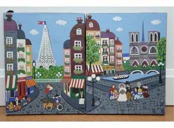 Pair Of Paris Street Scene Painted Panels