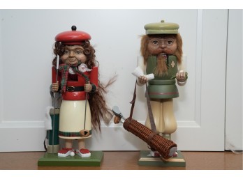 Pair Of Hand-Carved Wooden Golfer Nutcracker Figures