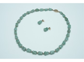 Green Stone Bead Necklace With Matching Earrings