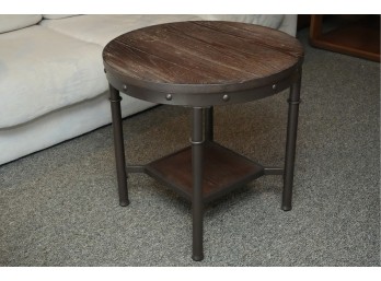 Round Industrial-Style End Table With Lower Shelf