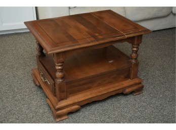 Square Wood End Table With Turned Supports And Drawer
