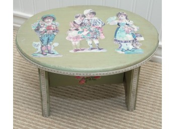 Vintage Green Decoupage Stool With Children Figures And Floral Details
