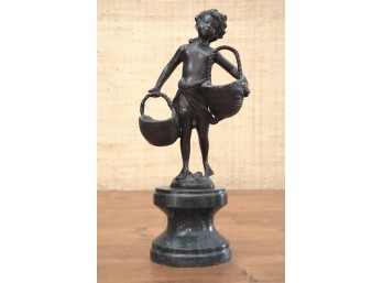 Patinated Bronze Figurine Of A Young Boy With Baskets On Marble Base