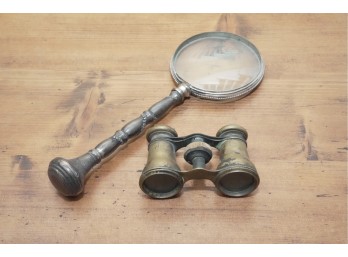 Antique Brass Binoculars And Metal Magnifying Glass