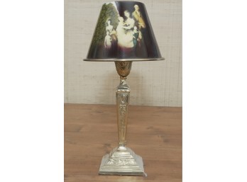 Vintage Table Lamp With Ornate Metal Base And Decorative Family Portrait Shade
