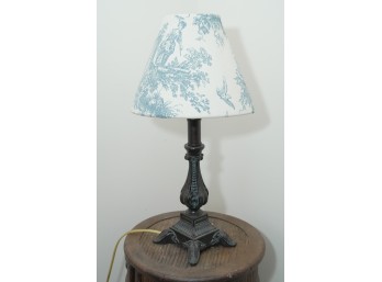 Ornate Table Lamp With Blue And White Toile Patterned Fabric Shade