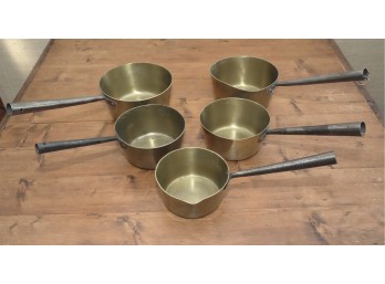 Set Of 5 Vintage Brass Sauce Pans With Long Iron Handles