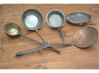 Vintage Kitchen Utensil Lot: Brass Ladle, Copper Skimmer, & Metal Pans