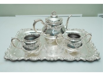 Ornate 4-Piece Silverplate Tea Set With Teapot, Creamer, Sugar Bowl & Tray