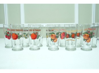 Set Of 12 Vintage French Sirop Fruit Juice Glasses With Colorful Decals