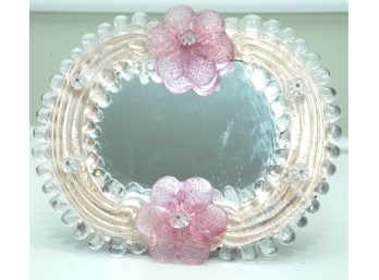 Decorative Oval Mirror With Clear Beaded Frame And Pink Floral Accents