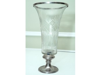 Etched Glass Hurricane Vase With Silver-Plated Base And Rim