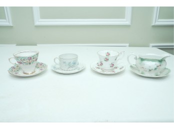 Assorted Vintage Porcelain Cup & Saucer Sets With Floral Creamer