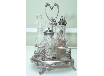 Ornate Silver Plate And Cut Glass Cruet Set