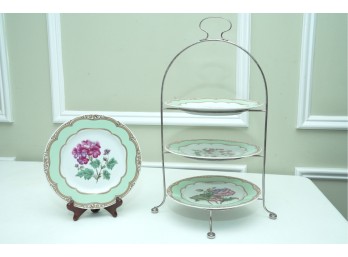 Decorative 3-Tier Serving Stand With Four Scalloped Floral Plates