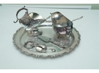 Silver Plated Serving Set With Tray, Ornate Creamer, Sugar Bowl & Utensils