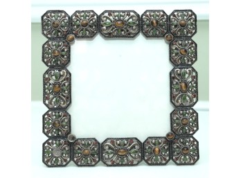 Ornate Silver-Tone Frame With Tiger's Eye Cabochons & Green Enamel Accents