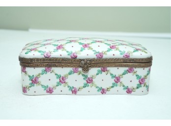 Porcelain Trinket Box With Floral Lattice Pattern And Metal Mounts