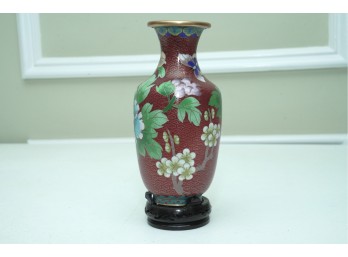 Cloisonn Enamel Floral Vase With Carved Wooden Stand