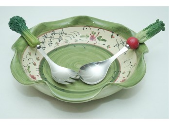 Hand-Painted Ceramic Salad Bowl & Vegetable-Themed Serving Utensils Set