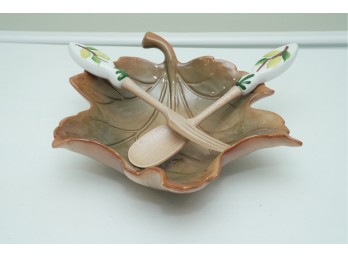 Leaf-Shaped Ceramic Bowl With Wooden & Ceramic Serving Utensils