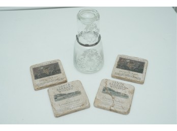Etched Glass Carafe With Metal Band And Santa Barbara Winery Coasters
