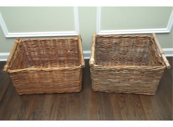 Pair Of Woven Wicker & Bamboo Handle Rectangular Storage Baskets