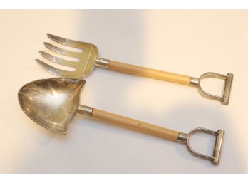 Novelty Silver-Toned & Wood Handle Serving Utensils, Set Of 2
