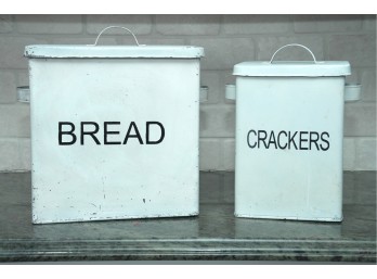 White Metal Bread & Crackers Storage Canisters Set - Distressed Farmhouse Style