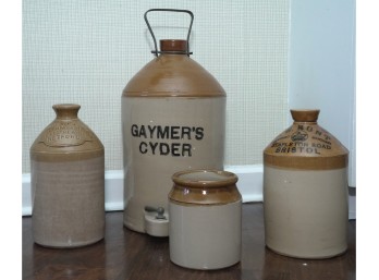 Four Antique Stoneware Jugs, Flagon, And Jar With Impressed Markings