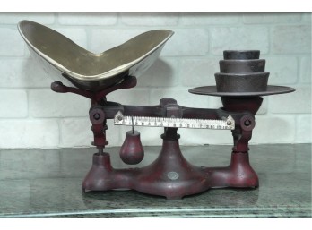 Antique Cast Iron Balance Scale With Brass Pan And Nested Weights
