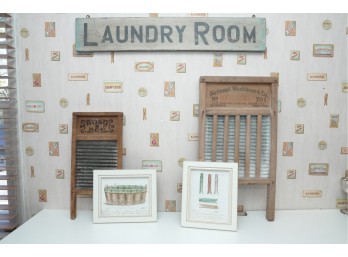Vintage Laundry Room Decor Lot: Wooden Sign, Washboards & Framed Prints