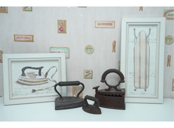 Antique Cast Iron Flat Irons & Laundry-Themed Framed Art Prints Collection