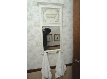 Distressed White Mirror With Bathtub Art Panel And Brass Hooks