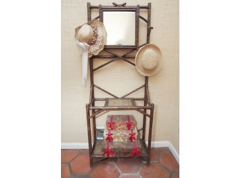 Vintage Bamboo & Cane Hall Tree With Mirror And Storage Shelves