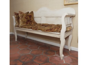 Vintage Painted Wood Bench With Scrolled Back And Floral Cushions