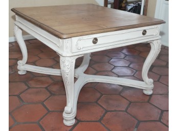 Two-Tone Wood Extension Table With Distressed White Carved Base