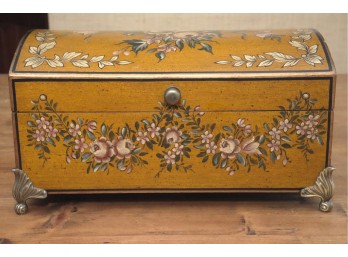 Hand-Painted Floral Trunk-Style Decorative Box With Ornate Feet