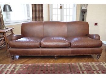 Lee Industries Distressed Brown Leather Sofa With Three Cushions