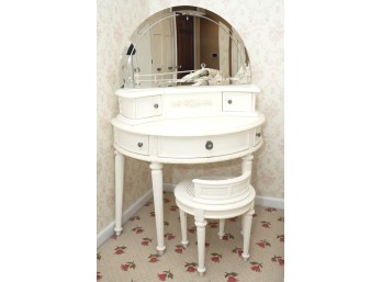 Vintage White Vanity Desk With Arched Mirror And Cane Back Chair